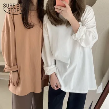 2021 M. Rudenį Ilgomis Rankovėmis Apačioje Marškinėliai Moterims Korėjos Mados Drabužiai Balti Šukuotinės Medvilnės Prarasti Palaidinė Kietas Harajuku Stilius 12380