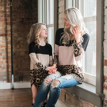 Rudenį Šeimos Atitikimo Leopard grūdų Drabužių Plius Dydžio marškinėliai mamai ir vaikams Loepard Nėrinių Kratinys Suknelės 3 spalvų mergina