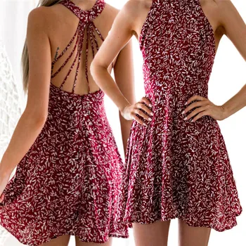 Moterų Vasaros Suknelė 2019 Boho Gėlių Spausdinti Trumpą Mini Raudona Suknelė Elegantiškas Ponios Sexy Beach Party Dress Apynasrio Backless Sundress