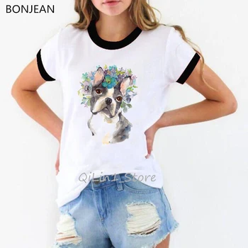 Gėlių Bostono Terjeras Tapybos Marškinėlius moterims vintage marškinėliai vasarą viršų moteriška t-shirt moters drabužius lovely lady grafinis tees