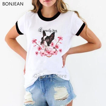 Gėlių Bostono Terjeras Tapybos Marškinėlius moterims vintage marškinėliai vasarą viršų moteriška t-shirt moters drabužius lovely lady grafinis tees