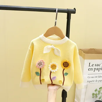 Naujausias žiemą visą rankovės 3D falower viršūnes kailis mezgimo striukė vaikiška vaikams, kūdikių mergaičių drabužius vaikams megztinis 6M-5Y