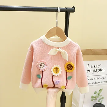 Naujausias žiemą visą rankovės 3D falower viršūnes kailis mezgimo striukė vaikiška vaikams, kūdikių mergaičių drabužius vaikams megztinis 6M-5Y
