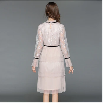 SMTHMA 2019 Naują Atvykimo Aukštos kokybės Susiėmę Blyksnius rankovės Tuščiaviduriai nėrinių plisuotos Suknelė Moterų Tinklinio Kratinys Suknelė vestidos