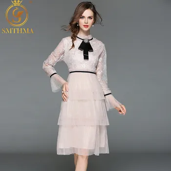 SMTHMA 2019 Naują Atvykimo Aukštos kokybės Susiėmę Blyksnius rankovės Tuščiaviduriai nėrinių plisuotos Suknelė Moterų Tinklinio Kratinys Suknelė vestidos