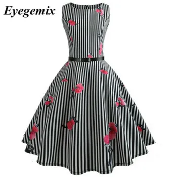 Gėlių Spausdinti Moterų Vasaros Suknelė 2021 Hepburn 1950 60s Retro Swing Vintage Suknelė-Line Šalis Suknelės su Diržu Jurken Plius Dydis