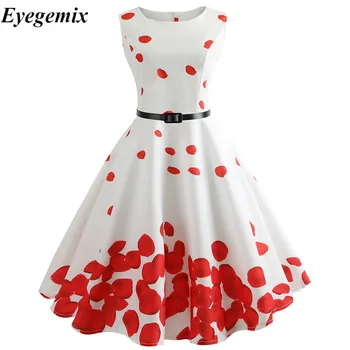 Gėlių Spausdinti Moterų Vasaros Suknelė 2021 Hepburn 1950 60s Retro Swing Vintage Suknelė-Line Šalis Suknelės su Diržu Jurken Plius Dydis