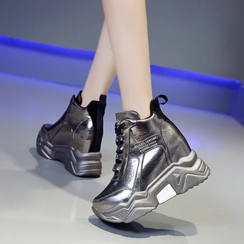Rimocy mados sidabro batai moterims rudens žiemos 2019 platforma veidrodis PU odos batai moterų aukšto kulno moteris sportbačiai