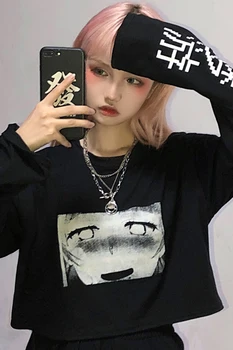 Pavasarį ir Rudenį 2021 Naujas Harajuku Tamsiai Gotikos Stiliaus Animaciją Anime Atspausdintas Trumpas Megztinis T-Laisvi marškinėliai ilgomis Rankovėmis Moterų Viršų