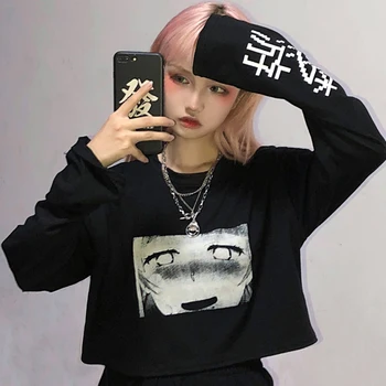 Pavasarį ir Rudenį 2021 Naujas Harajuku Tamsiai Gotikos Stiliaus Animaciją Anime Atspausdintas Trumpas Megztinis T-Laisvi marškinėliai ilgomis Rankovėmis Moterų Viršų