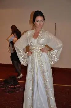 Musulmonų Vakaro Suknelės-line V-kaklo, ilgomis Rankovėmis Zawalcowany Kristalai Maroko Kaftan Dubajus, Saudo Arabija Ilgai Prom Dress Suknelė
