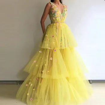 Vestido de festa Gana Geltona Vien Aplikacijos, nėrinių Vakare Gown 2019 Elegantiškas 3D gėlės Pakopų Tiulio Pynimas Prom Oficialią Suknelės