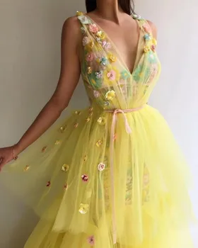 Vestido de festa Gana Geltona Vien Aplikacijos, nėrinių Vakare Gown 2019 Elegantiškas 3D gėlės Pakopų Tiulio Pynimas Prom Oficialią Suknelės
