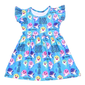 Karšto Pardavimo Vasaros Kūdikių Mergaičių Dress Blue Rykliai Vaikų Boutique Milksilk Suknelė Kelio Ilgis Rankovių Animacinių Filmų Drabužiai
