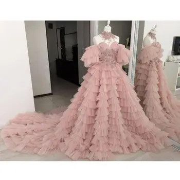 Prabanga Reljefiniai Ilga Suknelė nuo Peties Susiėmę Pakopų Promenadzie Suknelė Oficialią Suknelės Ilgio Traukinio Sodrus Vestidos Dusty Pink
