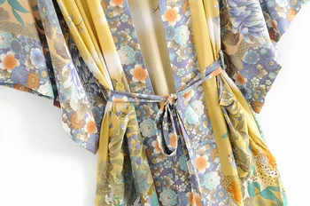 2019 Bohemijos V kaklo Tigras Gėlių Spausdinti Ilgio Kimono Marškinėliai Etninės Naujas Moterų Jungiamąją iki Lankas Varčias Ilgas Cardigan Prarasti Palaidinė Viršūnės