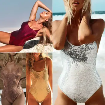 Moterų vientisas maudymosi kostiumėlis Tvarstis Blizgančiais Bikini Komplektas, Push-up Maudymosi Kostiumėliai, Paplūdimio maudymosi kostiumėlį, Maudymosi Kostiumai Karšto Bodysuit 4 Spalvos