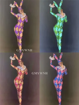 R66 Cosplay šalies šokių nešioja moteris triušis jumpsuit spalvinga ištemptas bodysuit etape šokio kostiumai ptinting apranga blizgančiais dj