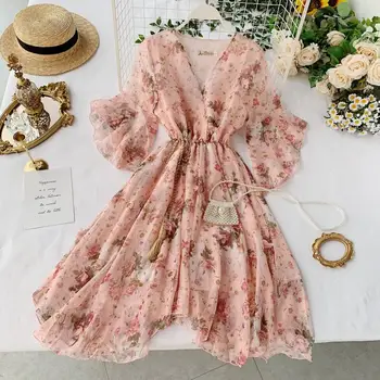2020 Naujas Vasaros Moterų Suknelė Gėlių Šifono Suknelė su V-kaklo Trimitas Rankovėmis Elegantiškas Paplūdimio A-Line Dresses Vestido De Festa P775