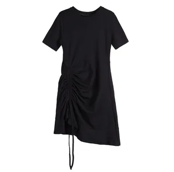 Moterų Juodos spalvos trumpomis Rankovėmis Suknelė Moteris Ilgai Fondo Laisvalaikio Lapų Pusėje Virvę Chalaza Banga Suknelė Soild Spalvos Plonas Suknelės