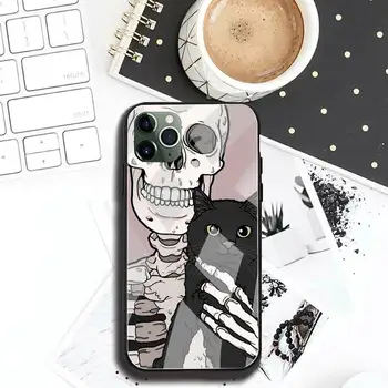 Kaukolė Katės Skeletas Šuo Telefono dėklas Grūdintas Stiklas iPhone 12 Pro Max Mini 11 Pro XR XS MAX 8 X 7 6S 6 Plus SE 2020 Dangtis