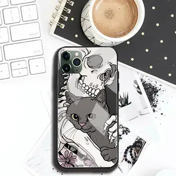 Kaukolė Katės Skeletas Šuo Telefono dėklas Grūdintas Stiklas iPhone 12 Pro Max Mini 11 Pro XR XS MAX 8 X 7 6S 6 Plus SE 2020 Dangtis