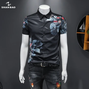 SHANBAO prekės vyriški trumparankoviai marškinėliai 2020 m. vasarą naujas prabangus aukštos kokybės šilko rožė spausdinti naktinis klubas pokylių slim marškinėliai 19200