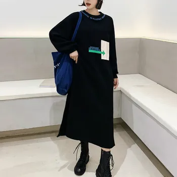 2020 M. Rudens Žiemos Harajuku Hoodies Suknelė Moterims Black Maxi Plius Dydis Atsitiktinis Marškinėlius Padalinta Geometrinis Spausdinti Vestidos Skraiste Panele