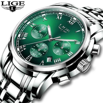 LIGE 2020 Nauji Kvarciniai Laikrodžiai Vyrams Sidabro Žalia Full Steel Laikrodis atsparus Vandeniui Top Brand Prabanga Atsitiktinis Sporto Mens Žiūrėti Su dėžute