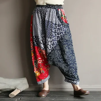 Originalus folk stiliaus moterų retro susiuvimo senas medvilnės ir lino medžiaga shift kelnės moterims prarasti didelio dydžio baggy kelnės