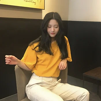 Trumpas rankovėmis marškinėliai moterims 2019 m. vasarą naujas paprastas vientisos spalvos apvalios kaklo megztinis studentų korėjos versija plonas banga