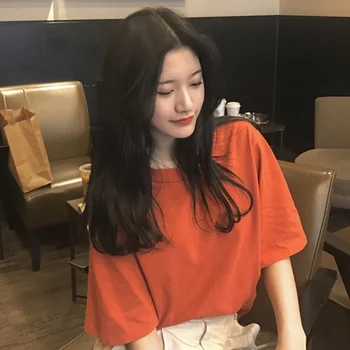 Trumpas rankovėmis marškinėliai moterims 2019 m. vasarą naujas paprastas vientisos spalvos apvalios kaklo megztinis studentų korėjos versija plonas banga