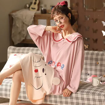 Korėjos Versija Medvilnės Princesė Sleepwear Suknelė ilgomis Rankovėmis Pižama Moteris Lėlės Apykaklės Mergina Homewear Mielas Princesė Pižamą