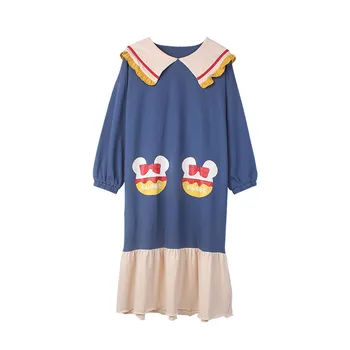 Korėjos Versija Medvilnės Princesė Sleepwear Suknelė ilgomis Rankovėmis Pižama Moteris Lėlės Apykaklės Mergina Homewear Mielas Princesė Pižamą