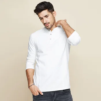 KUEGOU 2020 m. Pavasarį Medvilnės Mygtuką Plain White T Shirt Vyrai Marškinėlius Brand T-marškinėliai ilgomis Rankovėmis Tee Marškinėliai Vyrų Drabužiai Plius Dydis 1306