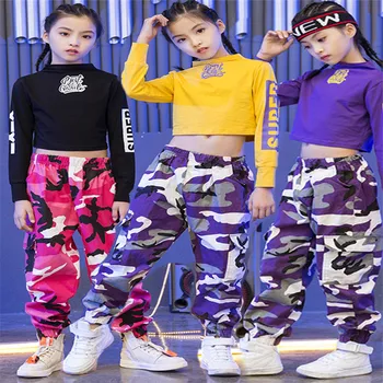 Vaikų Hip-Hop Drabužiai Vaikams Mergaitėms Džiazo Gatvės Šokių Kostiumas Pavasarį, Rudenį Palaidinukė Kamufliažinės Kelnės Nustatyti Pramoginiai Dancewear