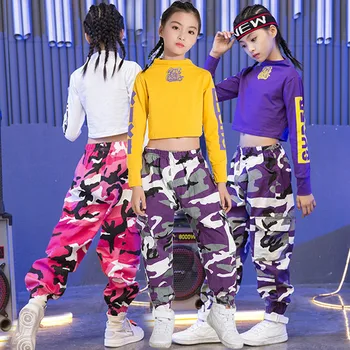 Vaikų Hip-Hop Drabužiai Vaikams Mergaitėms Džiazo Gatvės Šokių Kostiumas Pavasarį, Rudenį Palaidinukė Kamufliažinės Kelnės Nustatyti Pramoginiai Dancewear