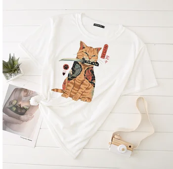 Samurajus Katė 2020 Streetwear Japonija Stilius Juokingas Baltas TShirts moterims vasaros Trumpas Rankovės marškinėliai sversized atsitiktinis spausdinti Tees