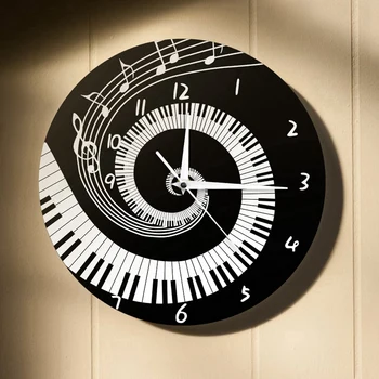 Naujas Elegantiškas Pianino Klavišą, Laikrodis, Muzikos Įrašus Banga Turas Modernus Sieninis Laikrodis Be Baterijos Juoda + Balta Akrilo
