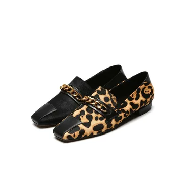 Krazing Puodą prabanga ašutų natūralios odos mažai kulniukai populiarus seksualus leopard klasikinis aikštėje kojų paslysti ant metalinės grandinės siurbliai L40