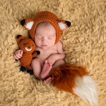 Naujagimio Fotografijos Rekvizitai Mielas Gyvūnų Kostiumai, Megztiniai Fox Figūrą Ausis Hat+Fox Žaislas, Lėlė Fotografavimo Baby Nuotrauka Pasiūlymo Priedai