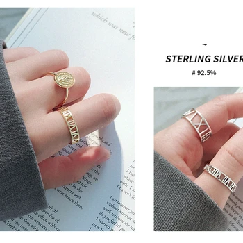 LouLeur 925 sterlingas sidabro Romėniškais skaitmenimis atidaryti žiedai, sidabro 925 paprastas elegantiškas tekstūros žiedai moterų festivalis papuošalai dovana
