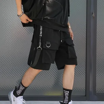 Vyrai, punk rock, hip-hop šortų juostelės hiphop krovinių šortai mens juoda atsitiktinis gatvės dėvėti elastinės trumpos kelnės su daug kišenių