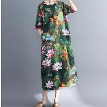 O Kaklo Didelio Dydžio Suknelė 2020 naujas Vasaros vidurio-rankovės etninės stiliaus prarasti medvilnės skalbiniai lotus Atsitiktinis Kišenės suknelė