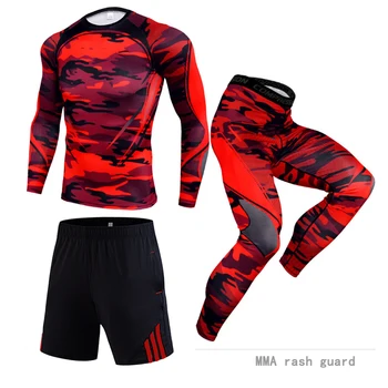 Kostiumus bėgiojimui Vyrų drabužiai Ilgas rankovėmis marškinėliai + kelnės + šortai 3-pc Drėgmės wicking Ruožas tracksuit Vyrų Suspaudimo MMA