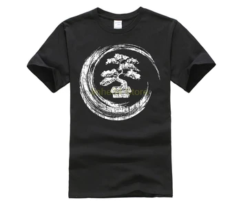 Normalus Trumpas Rankovės Medvilnės T Shirts Bonsai Medis Enso Ratą t-shirt, Derliaus Zen Kaligrafijos Meno