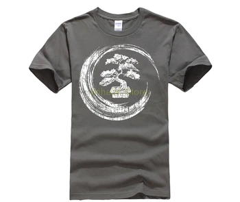Normalus Trumpas Rankovės Medvilnės T Shirts Bonsai Medis Enso Ratą t-shirt, Derliaus Zen Kaligrafijos Meno