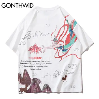 GONTHWID Japonų Stiliaus Tshirts Grafiti Kalnų Spausdinti Trumpas Rankovės Tees Marškinėliai Streetwear Hip-Hop Harajuku Atsitiktinis vatos Pagaliukai
