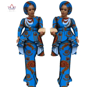 Afrikos Stilius heidi bazin Riche Suknelės Moterims Dviejų dalių Rinkinys Moterims ilgomis Rankovėmis Viršūnes ir Ilgai Afrikos Spausdinti Sijonas Plius Dydis WY2488