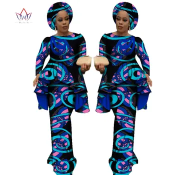 Afrikos Stilius heidi bazin Riche Suknelės Moterims Dviejų dalių Rinkinys Moterims ilgomis Rankovėmis Viršūnes ir Ilgai Afrikos Spausdinti Sijonas Plius Dydis WY2488